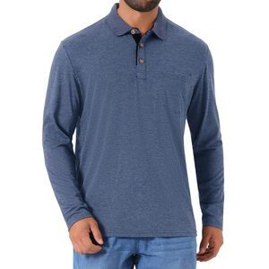 Contrast Button Collared Pocket Long Sleeves Golf Polo T-Shirts Dark Blue